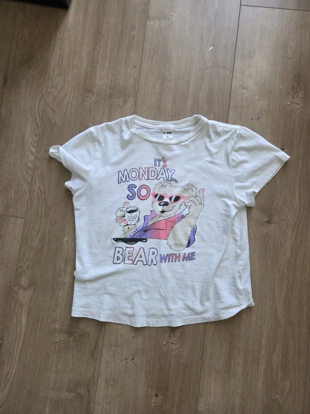 Re/Done White Graphic Tee with Pink & Purple Bear Design - Picture 2 of 3